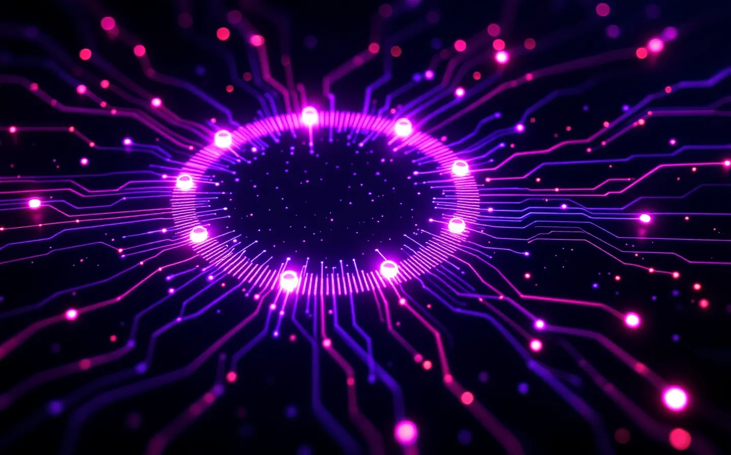 Neon circuit-trace illustration of a cyclic heptapeptide ring wired into a brain-circuit lattice